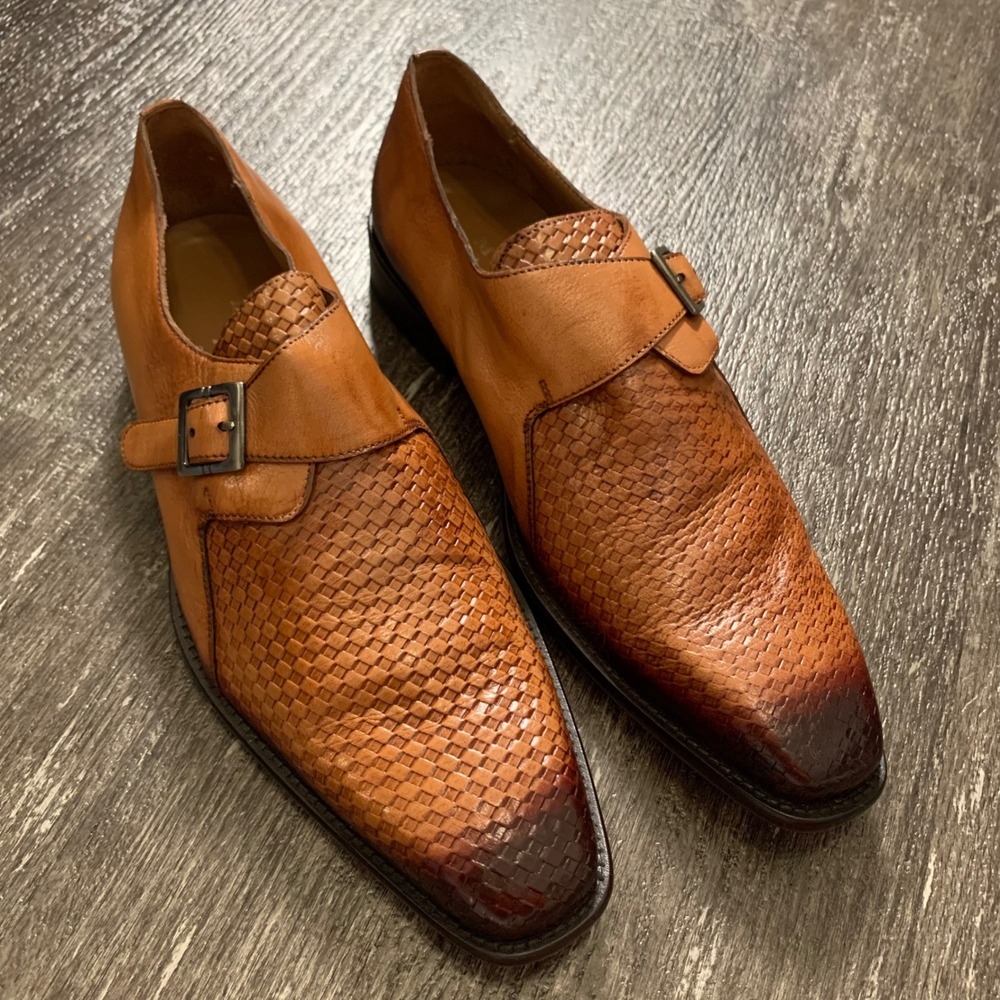 Mezlan 1968 Mens Brown‎ Leather Monk Strap Dress Shoes Size 8M Woven Detail
